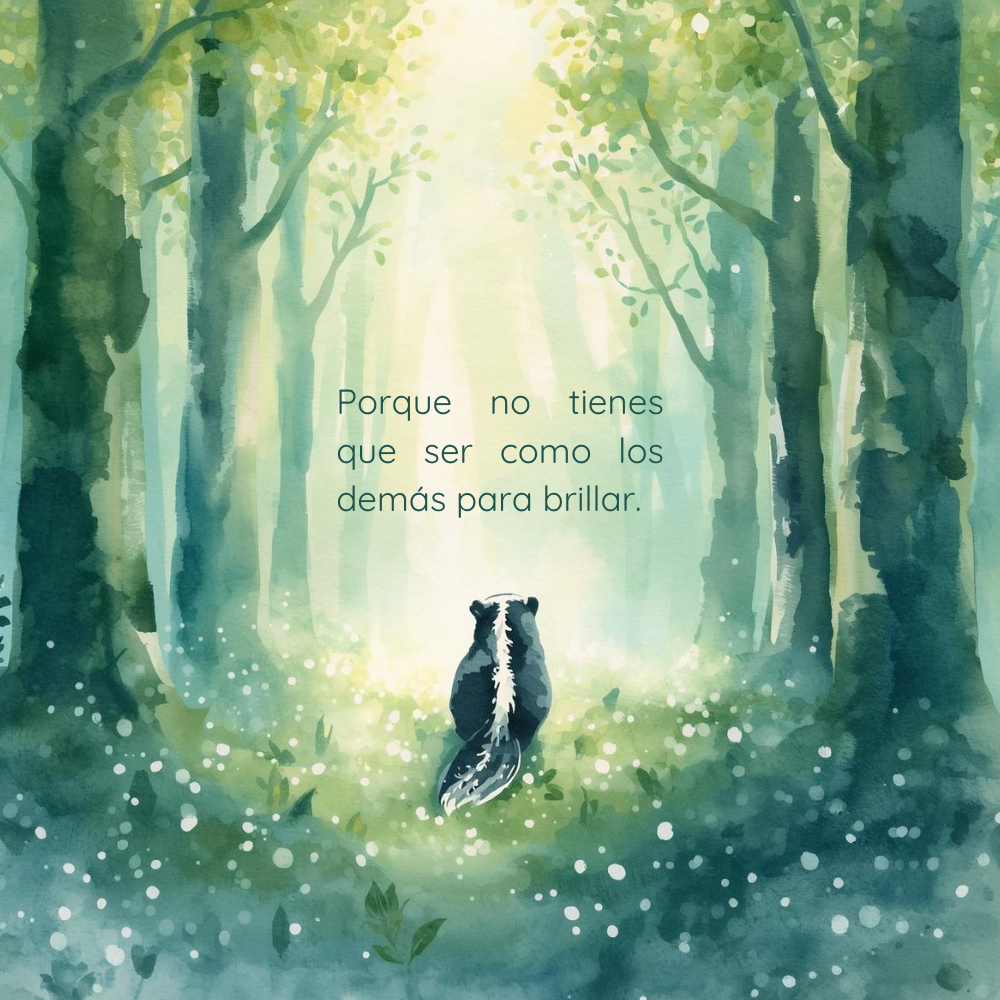 Ilustración del cuento infantil la mofeta Renata sobre como ser diferente no te hace peor, te hace único.