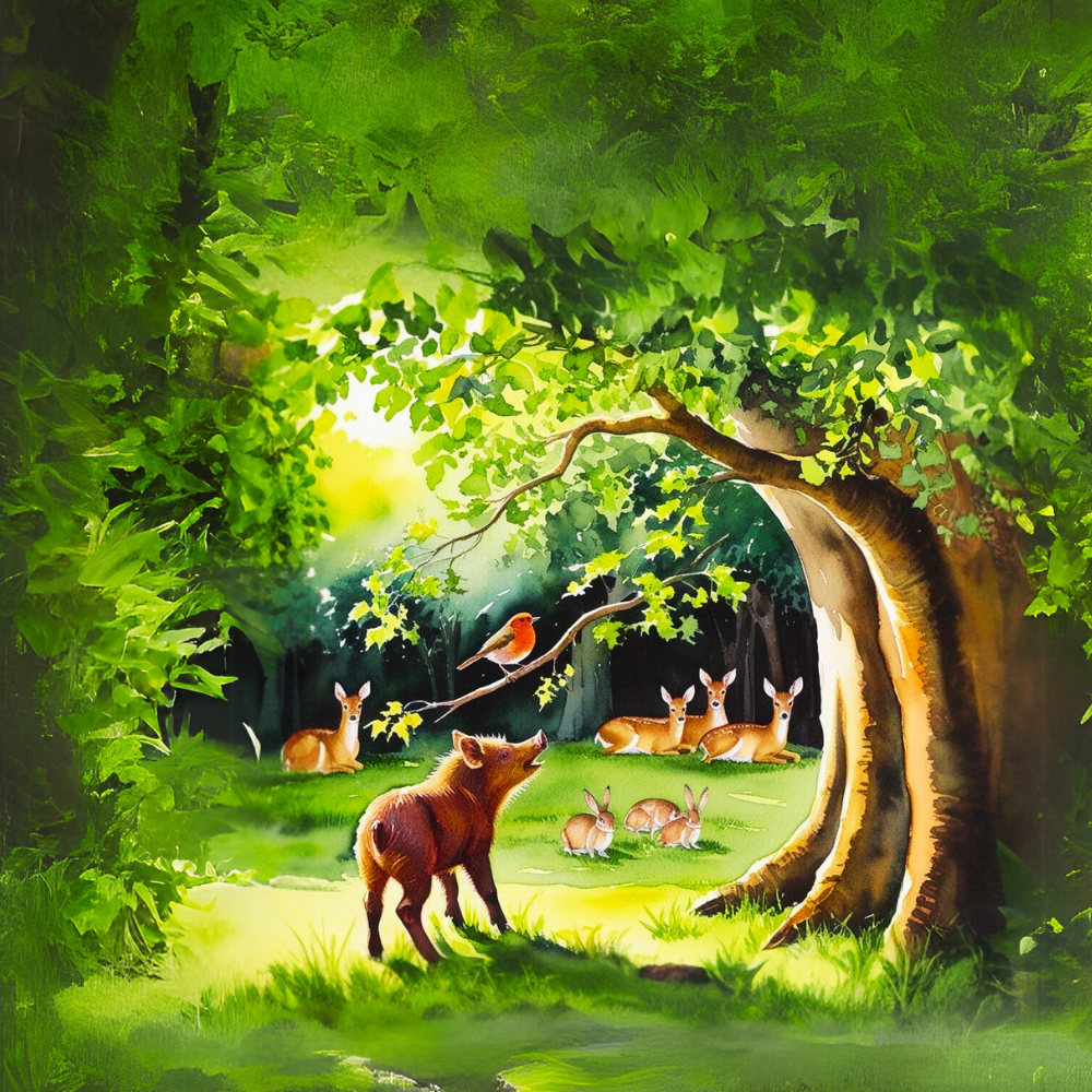 Ilustración del cuento infantil Verano: el pequeño jabalí Berto y el río refrescante para aprender escuchando y observando a los demás.