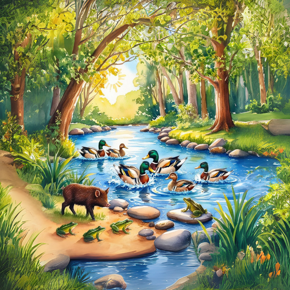 Ilustración del cuento infantil Verano: el pequeño jabalí Berto y el río refrescante para aprender la importancia de una pausa y descanso.