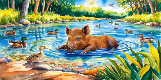 Ilustración del cuento infantil Verano: el pequeño jabalí Berto y el río refrescante para aprender a cuidarse y seguir disfrutando del verano.