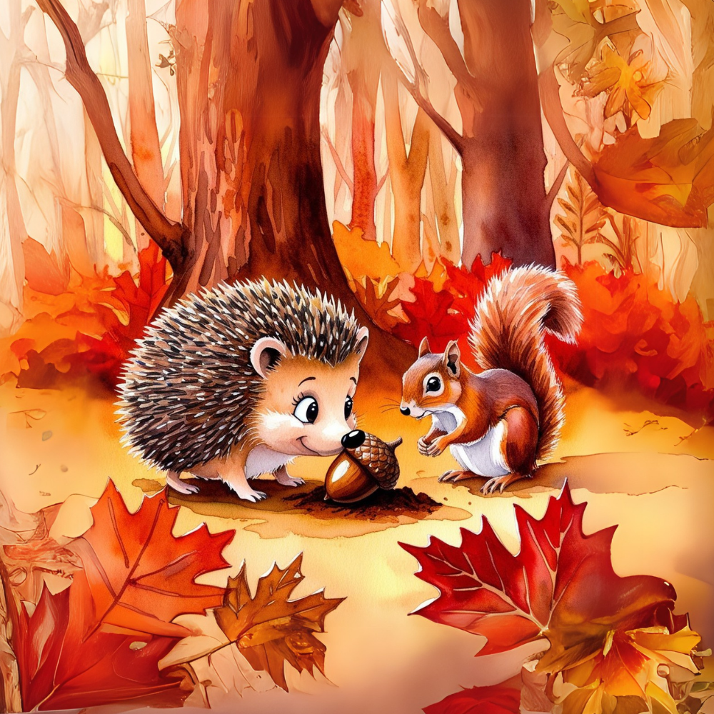 Ilustración del cuento infantil Otoño: El pequeño erizo Nico y la hoja viajera para acompañar a los más pequeños a entender la planificación y preparación.