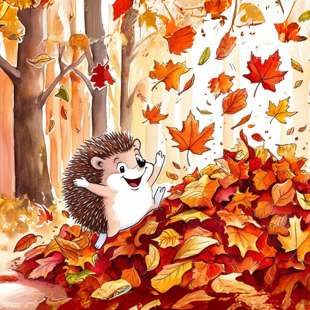 Ilustración del cuento infantil Otoño: El pequeño erizo Nico y la hoja viajera para acompañar a los más pequeños a entender que ocurre durante el otoño.