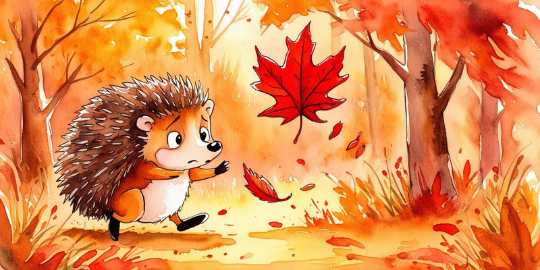 Ilustración del cuento infantil Otoño: El pequeño erizo Nico y la hoja viajera para acompañar a los más pequeños a entender que los cambios forman parte del camino.