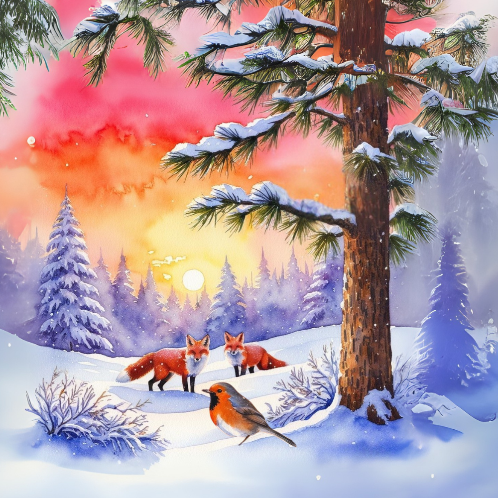 Ilustración del cuento infantil Invierno: Los jóvenes zorros Roco y Nora y la caza en la nieve para enseñar a los más pequeños la importancia del trabajo en equipo.