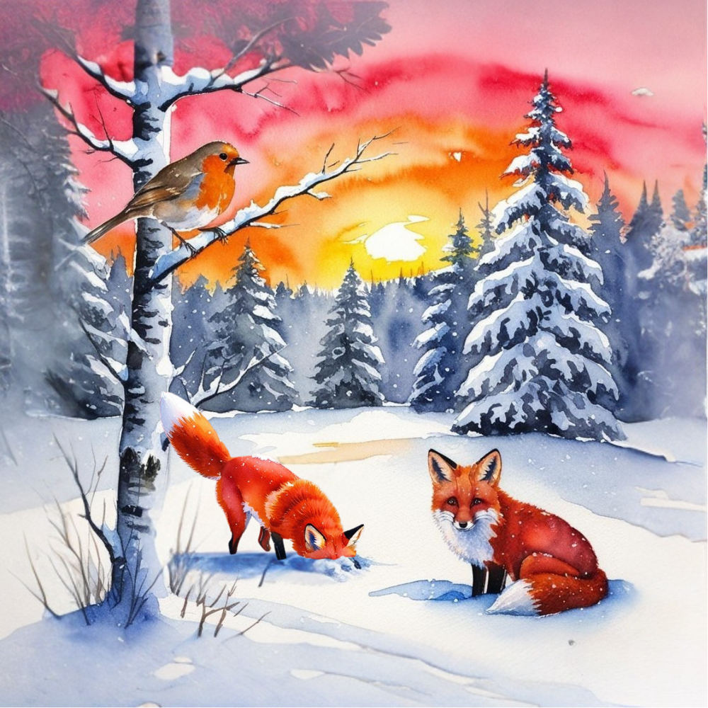 Ilustración del cuento infantil Invierno: Los jóvenes zorros Roco y Nora y la caza en la nieve para acompañar a los más pequeños a entender la importancia de la atención y escucha.