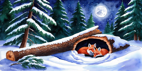 Ilustración del cuento infantil Invierno: Los jóvenes zorros Roco y Nora y la caza en la nieve para acompañar a los más pequeños a entender que cada estación trae algo nuevo que aprender.