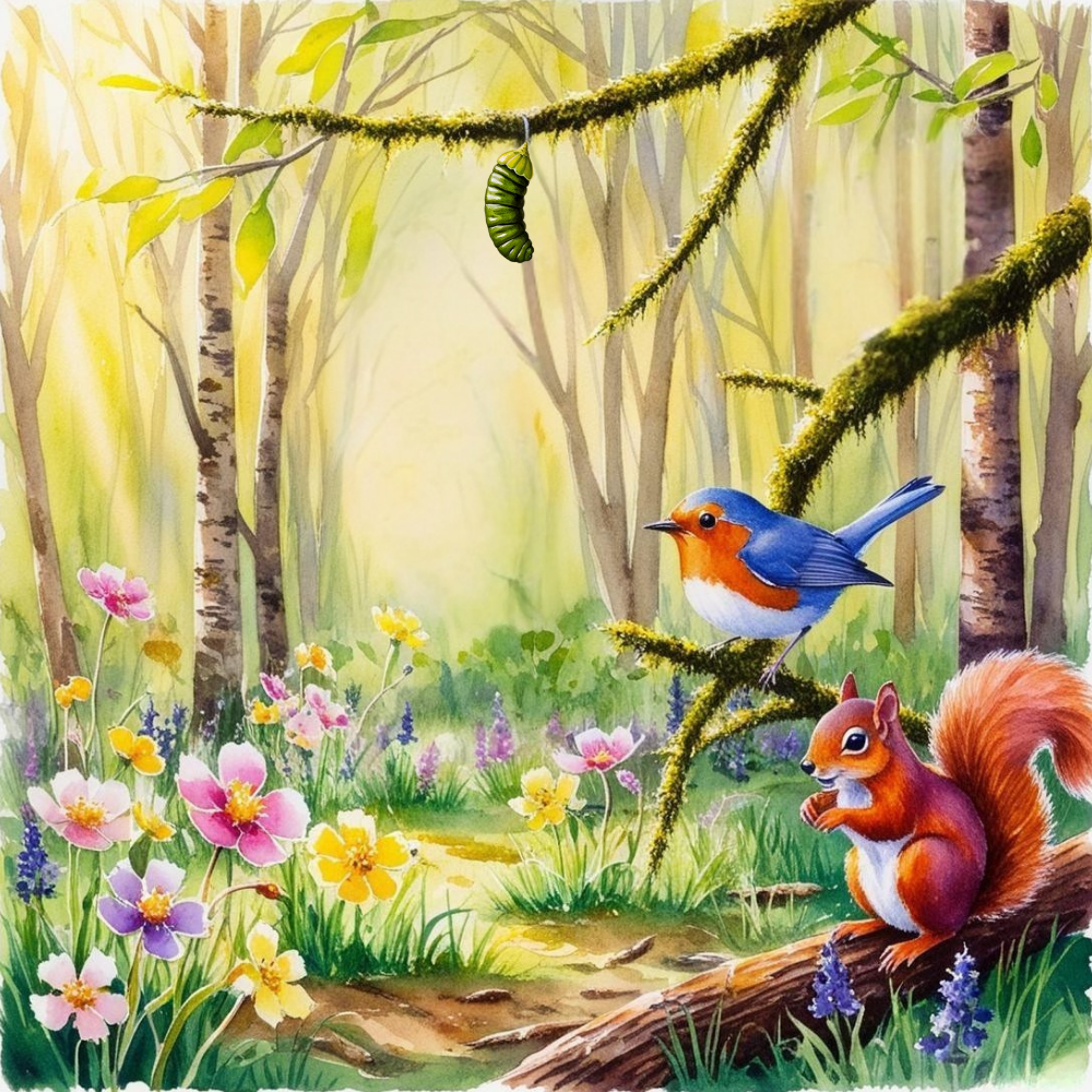 Ilustración del cuento infantil Primavera: La pequeña oruga Lía y su gran transformación para acompañar a los más pequeños a entender que esperar también es crecer.