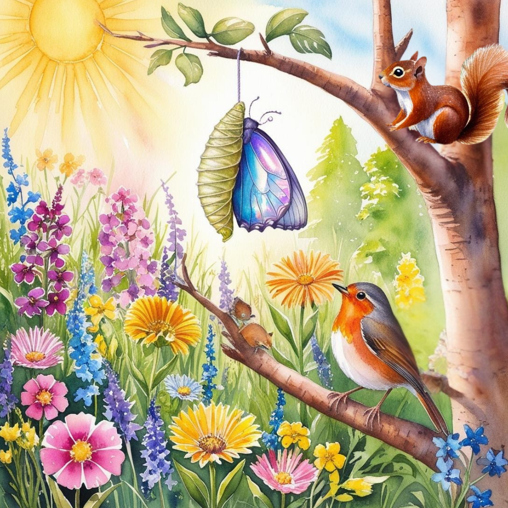 Ilustración del cuento infantil Primavera: La pequeña oruga Lía y su gran transformación para acompañar a los más pequeños a entender cómo cambiar forma parte de ser uno mismo.