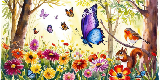Ilustración del cuento infantil Primavera: La pequeña oruga Lía y su gran transformación para acompañar a los más pequeños a entender cómo cambia la naturaleza y lo que podemos aprender con ello.