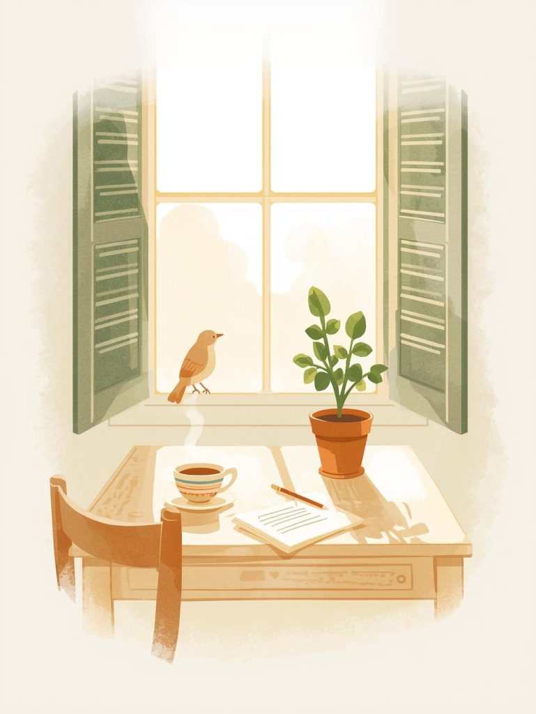 Escritorio de cuentos infantiles, ilustración estilo acuarela sobre emociones y lectura infantil.