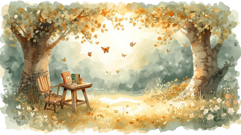 Ilustración de un bosque de cuento infantil