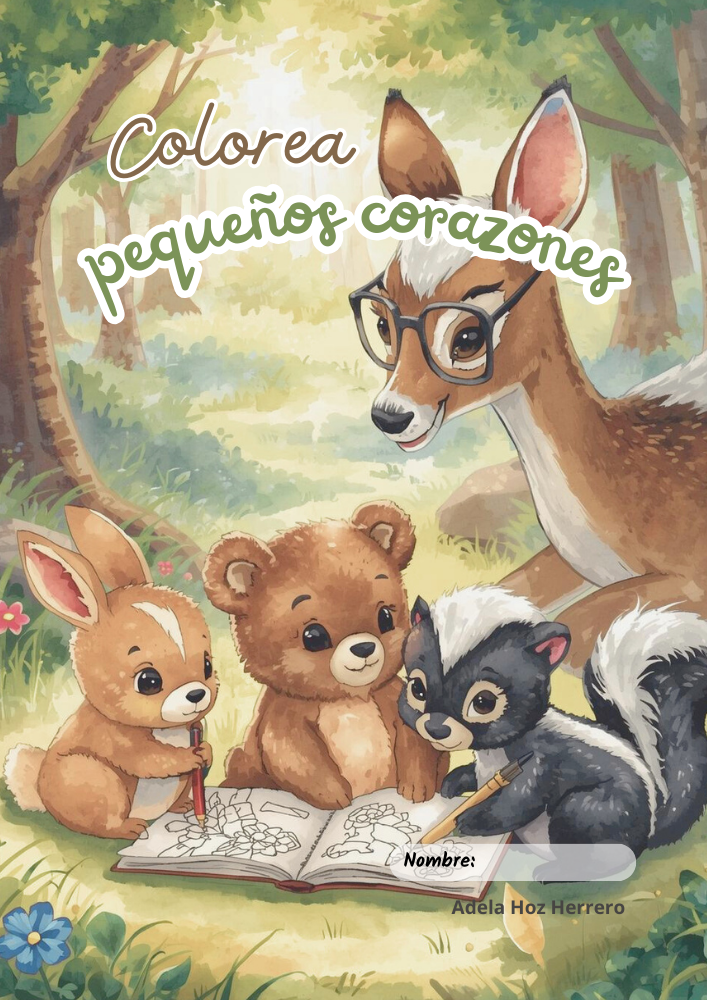 Imagen de cuaderno de actividades para colorear. Animales del bosque con profesora coloreando.
