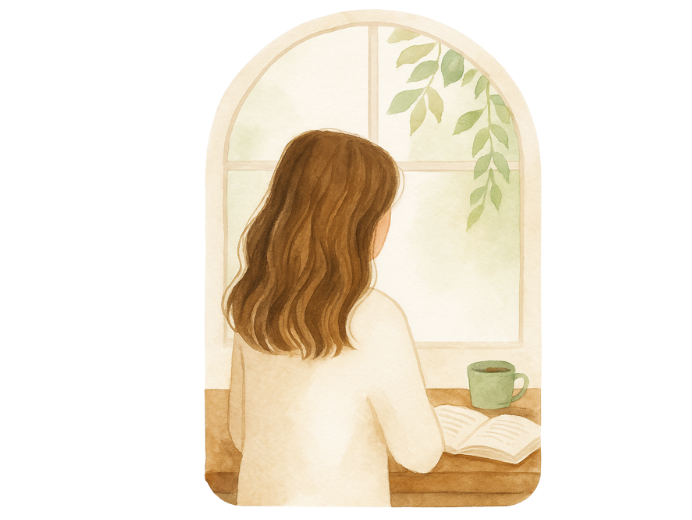 Autora de cuentos infantiles de espaldas, ilustración estilo acuarela sobre emociones y lectura infantil.