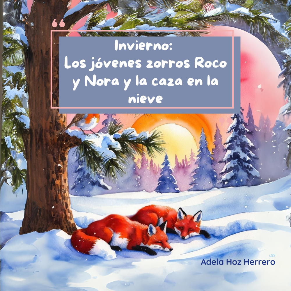 Ilustración del cuento infantil Invierno: Los jóvenes zorros Roco y Nora y la caza en la nieve para acompañar a los más pequeños a entender cómo se adapta la naturaleza.